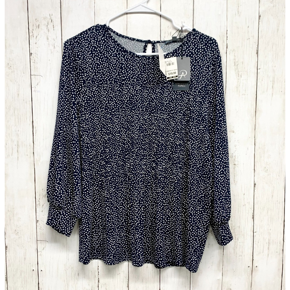 New Adrianna Papell Top Women Size Large Polka Dot Round Neck Long Sleeve Blouse